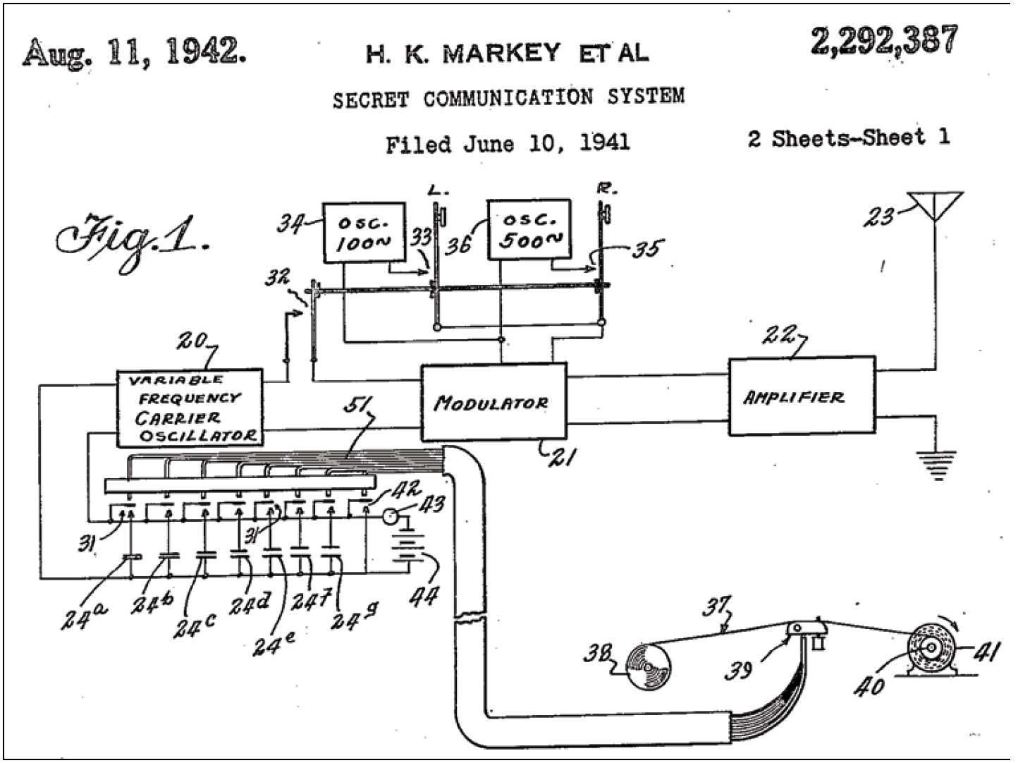 Figure 13 Hedy Lamarr co-authored US Patent 2,292,387 which served as a foundation to the spread spectrum communications we use today